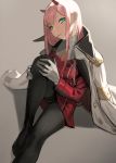  1girl absurdres aqua_eyes black_legwear blush breasts coat darling_in_the_franxx gloves highres horns long_hair looking_at_viewer pantyhose pink_hair school_uniform smile solo thighband_pantyhose white_gloves yomu_(sgt_epper) zero_two_(darling_in_the_franxx) 