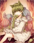  1girl :o animal_ears bangs between_legs blue_ribbon blush breasts cat_ears cat_tail cleavage collarbone curtains dress fang feet_out_of_frame frills green_eyes green_hair hair_between_eyes hair_ribbon holding_own_tail indoors kazutake_hazano long_hair long_sleeves looking_at_viewer nightgown off_shoulder open_mouth oversized_object polka_dot puffy_long_sleeves puffy_sleeves ribbon shiro_seijo_to_kuro_bokushi sitting solo sparkle tail white_dress wrapped_candy 