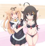  2girls ahoge arms_up bikini black_bikini black_hair black_ribbon black_serafuku blonde_hair blue_eyes braid cyberdemon_no3 facing_viewer front-tie_top hair_flaps hair_ornament hair_over_shoulder hair_ribbon hairclip highres kantai_collection long_hair looking_at_viewer multiple_girls neckerchief pleated_skirt red_eyes remodel_(kantai_collection) ribbon scarf school_uniform serafuku shigure_(kantai_collection) single_braid skirt swimsuit tickling white_scarf yuudachi_(kantai_collection) 