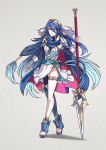  1girl aqua_(fire_emblem_if) blue_hair dress fingerless_gloves fire_emblem fire_emblem:_kakusei fire_emblem_if full_body fusion gloves grey_background gzei heterochromia holding holding_spear holding_weapon looking_at_viewer lucina multicolored_hair polearm simple_background solo spear thigh-highs two-tone_hair weapon 