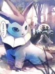 ... :o blue_eyes blurry blurry_foreground commentary_request day depth_of_field grass highres looking_at_another looking_back manino_(mofuritaionaka) nihilego no_humans outdoors parted_lips pokemon pokemon_(creature) spoken_ellipsis ultra_beast vaporeon wading water