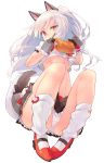  1girl animal_ears azur_lane bad_proportions bandage bangs black_gloves black_skirt blush boned_meat breasts crop_top dog_ears dog_tail food full_body gloves half-closed_eye highres holding holding_food kekemotsu long_hair looking_at_viewer loose_socks meat medium_breasts midriff miniskirt navel one_side_up panties red_eyes red_footwear rudder_shoes short_sleeves silver_hair simple_background skirt socks solo tail thick_eyebrows thighs tsurime under_boob underwear upskirt white_background white_legwear white_panties yuudachi_(azur_lane) 