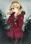  1girl :o bangs black_legwear blonde_hair blush coat commentary commission copyright_request cowboy_shot cup drill_hair earmuffs eyebrows_visible_through_hair fur_trim gloves holding looking_at_viewer mochii outdoors pantyhose parted_lips pink_scarf red_coat red_eyes red_gloves scarf snow snowing solo standing winter_clothes winter_coat 