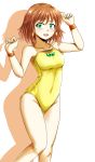  1girl brown_hair casual_one-piece_swimsuit d-m_(dii_emu) earrings feet_out_of_frame fire_emblem fire_emblem:_souen_no_kiseki green_eyes highres jewelry mist_(fire_emblem) one-piece_swimsuit shadow short_hair simple_background solo swimsuit white_background wristband yellow_swimsuit 