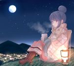  1girl aqua_gloves blue_hair blush boots brown_footwear chair city_lights cup eyebrows_visible_through_hair fingerless_gloves from_side full_body full_moon gloves grass highres hill holding lantern moon mug night outdoors parted_lips pink_eyes shawl shima_rin sitting solo steam yosshii_(ne_ko_matter) yurucamp 