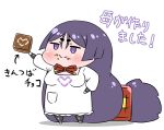  absurdly_long_hair apron black_legwear chibi chocolate closed_mouth commentary_request eyebrows_visible_through_hair fate/grand_order fate_(series) food food_on_face hand_on_hip heart highres holding jitome long_hair looking_at_viewer low-tied_long_hair minamoto_no_raikou_(fate/grand_order) neck_ribbon purple_hair red_neckwear red_ribbon rei_(rei_rr) ribbon short_eyebrows simple_background smile standing thigh-highs translation_request valentine very_long_hair violet_eyes white_background 