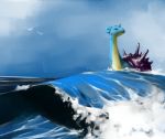  bird black_eyes blue_sky closed_mouth commentary lapras looking_afar looking_away madcookiefighter no_humans ocean pokemon pokemon_(creature) pokemon_(game) pokemon_rgby signature sky solo swimming water waving 