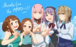  5girls :d absurdres bangs black_skirt blue_eyes blue_ribbon blue_shirt blue_skirt blue_sky blush boku_no_hero_academia bow bowtie braid breasts brown_hair candy closed_mouth clouds commentary crossover dagashi_kashi darling_in_the_franxx day english eyebrows_visible_through_hair flower followers food forehead gem green_eyes hair_flower hair_ornament hairband hands_up heart heart_hands heart_hands_duo high-waist_skirt highres horns index_finger_raised justin_leyva_(steamy_tomato) karakai_jouzu_no_takagi-san large_breasts lollipop long_hair looking_at_viewer mechanical_arm mouth_hold multiple_girls neck_ribbon open_mouth outdoors parted_bangs parted_lips pink_hair purple_hair red_bow ribbon ringed_eyes shidare_hotaru shirt short_hair skirt sky smile takagi-san thank_you uraraka_ochako violet_evergarden violet_evergarden_(character) zero_two_(darling_in_the_franxx) 