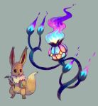  book brown_eyes chandelure commentary creature eevee fire floating fushigi_no_dungeon ghost glitchedpuppet grey_background holding holding_book holding_feather looking_at_another no_humans pokemon pokemon_(creature) pokemon_fushigi_no_dungeon purple_fire simple_background standing yellow_eyes 