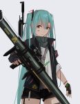  1girl absurdres aqua_eyes aqua_hair bazooka fingerless_gloves gloves gun hatsune_miku highres holding holding_weapon long_hair looking_at_viewer orga_(pixiv13765813) rifle simple_background solo twintails very_long_hair vocaloid weapon 