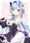  1girl 2018 animal_ears apron black_ribbon blue_eyes blue_hair blush breasts cat_ears choker cleavage dated detached_sleeves eyebrows_visible_through_hair fang floating_hair frilled_apron frills hair_between_eyes hair_ribbon happy_birthday head_wreath highres long_hair maid medium_breasts neck_ribbon open_mouth pink_ribbon re:zero_kara_hajimeru_isekai_seikatsu rem_(re:zero) ribbon ribbon-trimmed_sleeves ribbon_trim shiino_sera solo standing very_long_hair white_apron 