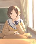  1girl bangs blurry blurry_background blurry_foreground blush brown_eyes brown_hair cardigan chair chalkboard chin_rest classroom commentary_request curtains day depth_of_field desk eyebrows_visible_through_hair indoors light_particles long_sleeves looking_at_viewer neckerchief original parted_lips sailor_collar school_desk sitting smile solo umiroku white_sailor_collar window yellow_neckwear 