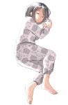  1girl animal_print barefoot cat_print clenched_hands closed_eyes commentary_request from_side full_body long_sleeves lying on_side original pajamas pants parted_lips short_hair simple_background sleeping solo suzunari_shizuku white_background yuki_arare 