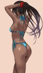  1girl arms_up ass back bare_arms bare_back bare_shoulders bikini black_hair blue_ribbon breasts company_connection cowboy_shot dark_skin from_behind hai_ookami hair_ornament hair_scrunchie hairdressing highres long_hair medium_breasts original ponytail ribbon scrunchie shiny shiny_skin shoulder_blades side-tie_bikini sideboob simple_background solo standing swimsuit thighs yellow_background 