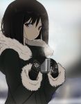  1girl black_hair commentary cup drink fur_trim gloves hinomaru_(futagun) holding holding_cup jacket original solo visible_air winter_clothes 