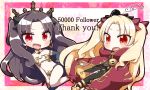  2girls :d absurdres bangs black_bow black_dress blonde_hair blush bow brown_hair cape commentary_request dress earrings ereshkigal_(fate/grand_order) eyebrows_visible_through_hair fate/grand_order fate_(series) followers hair_bow highres infinity ishtar_(fate/grand_order) jako_(jakoo21) jewelry long_hair long_sleeves looking_at_viewer multiple_girls navel open_mouth parted_bangs red_bow red_cape red_eyes revealing_clothes single_detached_sleeve skull smile thank_you tiara tohsaka_rin two_side_up v-shaped_eyebrows very_long_hair 