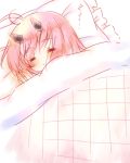  1girl =_= antenna_hair azur_lane bangs blush closed_eyes closed_mouth eyebrows_visible_through_hair frilled_pillow frills hair_between_eyes ikazuchi_(azur_lane) lowres lying on_side pillow pink_hair sakurato_ototo_shizuku sleeping solo under_covers zzz 