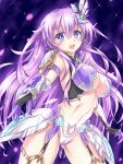  1girl :d alternate_breast_size alternate_costume armor blue_eyes breasts cleavage commentary_request cowboy_shot faulds garter_straps gloves hair_between_eyes headgear highres kazuneko_(wktk1024) large_breasts long_hair midriff naked_armor nepgear neptune_(series) open_mouth purple_hair purple_sister revealing_clothes smile solo tattoo under_boob upper_teeth very_long_hair 