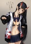  1girl bangs bikini_top black_bikini_top black_hair blunt_bangs breasts jacket long_hair medium_breasts navel oni_horns original pleated_skirt skirt tsukino_wagamo zipper 