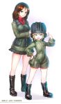  2girls :| bangs black_footwear black_hair black_skirt black_vest blonde_hair blue_eyes boots breast_hold breasts closed_mouth commentary_request copyright_name emblem fang girls_und_panzer green_jacket green_jumpsuit hand_on_hip helmet highres jacket katyusha long_hair long_sleeves looking_at_viewer military military_uniform miniskirt multiple_girls nonna open_mouth pleated_skirt pravda_military_uniform red_shirt shirt short_hair short_jumpsuit skirt smile standing swept_bangs turtleneck umipro uniform vest 