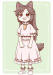  1girl :d animal_ears bangs blush brown_hair carrot carrot_necklace commentary_request cosplay eyebrows_visible_through_hair full_body green_background imaizumi_kagerou inaba_tewi inaba_tewi_(cosplay) long_hair long_skirt looking_at_viewer no_nose open_mouth pink_shirt pink_skirt poronegi puffy_short_sleeves puffy_sleeves red_eyes shirt shoes short_sleeves simple_background skirt smile solo standing tail touhou white_footwear wolf_ears wolf_tail younger 