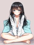  1girl barefoot black_hair blue_eyes blush character_request closed_mouth collarbone copyright_request eyebrows_visible_through_hair flat_chest highres looking_at_viewer sitting solo superpig unbuttoned 
