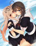  2girls absurdres ahoge black_ribbon black_serafuku black_skirt blonde_hair blue_eyes braid brown_hair fingerless_gloves gloves hair_flaps hair_ornament hair_over_shoulder hair_ribbon hand_holding highres kantai_collection long_hair looking_at_viewer multiple_girls ocean pleated_skirt red_eyes remodel_(kantai_collection) ribbon school_uniform serafuku shigure_(kantai_collection) single_braid skirt smile wasavi_8 yuudachi_(kantai_collection) 