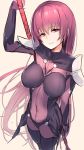  1girl arm_up bangs beige_background bodysuit borushichi breasts eyebrows_visible_through_hair fate/grand_order fate_(series) hair_between_eyes head_tilt highres holding large_breasts long_hair looking_at_viewer parted_lips purple_bodysuit purple_hair red_eyes scathach_(fate/grand_order) simple_background solo very_long_hair 