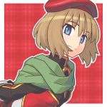  1girl arms_behind_back bangs black_gloves blue_eyes brown_hair closed_mouth copyright_request eyebrows_visible_through_hair gloves green_scarf hat highres long_sleeves looking_at_viewer red_background red_hat reiesu_(reis) scarf short_hair smile solo turtleneck upper_body 