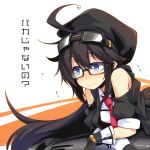  1girl ahoge black_hair black_hat blue_eyes blush cannon glasses goggles goggles_on_head hat kanon_(sennen_sensou_aigis) leaning_forward long_hair ogami_kazuki sennen_sensou_aigis smile solo very_long_hair 