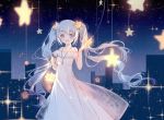  1girl :d bag bangs bare_shoulders blue_eyes blue_hair blush clouble collarbone commentary_request dress eyebrows_visible_through_hair hatsune_miku highres holding holding_star long_hair off-shoulder_dress off_shoulder open_mouth sidelocks sketch sleeves_past_wrists smile solo sparkle star twintails very_long_hair vocaloid white_dress 