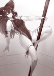  1girl bow competition_swimsuit elbow_gloves full_body gloves hair_bow hair_tubes hakurei_reimu long_hair looking_at_viewer monochrome one-piece_swimsuit pole pole_dancing ribbon_trim sepia solo swimsuit thigh-highs tobisawa touhou 
