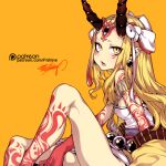  1girl bare_shoulders blonde_hair breasts earrings fate/grand_order fate_(series) fishine horns ibaraki_douji_(fate/grand_order) japanese_clothes jewelry kimono long_hair looking_at_viewer oni open_mouth pointy_ears solo tattoo yellow_eyes 
