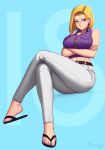  1girl android_18 blonde_hair blue_eyes blush breast_hold breasts bursting_breasts cleavage commission crossed_arms dragon_ball dragonball_z earrings eyeliner full_body highres invisible_chair jewelry legs legs_crossed lips long_legs looking_away makeup midriff no_bra pants razalor sandals shirt sitting sleeveless sleeveless_shirt solo thighs toes 