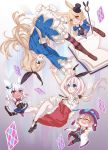  1boy 4girls absurdres alice_(grimms_notes) alice_(wonderland) alice_in_wonderland animal_ears belt black_legwear black_leotard blonde_hair blue_coat blue_eyes blue_skirt boots braid brown_eyes bunny_tail card character_request chibi closed_eyes coat dark_skin grimms_notes hand_holding hat highres knee_boots leotard long_hair monocle multiple_girls open_mouth outstretched_arms pantyhose playing_card pocket_watch ponytail rabbit_ears red_skirt renkon_(re_n_k_n) ribbon shirt shoes silver_hair skirt smile staff striped striped_legwear tail tears thigh-highs top_hat upside-down violet_eyes watch white_coat white_legwear white_shirt white_skirt wrist_cuffs 
