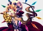  1girl ascot blonde_hair buttons commentary_request crystal flandre_scarlet grey_background hat highres looking_at_viewer mob_cap open_mouth puffy_sleeves red_eyes red_ribbon red_skirt red_vest ribbon shirt side_ponytail skirt solo touhou upper_body vest white_shirt wings yellow_neckwear yuka_yukiusa 