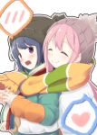  2girls :d ^_^ beanie blue_hair blush closed_eyes closed_mouth commentary_request eyebrows_visible_through_hair from_side hat head_tilt heart highres hug hug_from_behind kagamihara_nadeshiko kanchan_(kanchan220) long_sleeves looking_at_viewer multicolored_coat multiple_girls open_mouth outline pink_hair scarf shared_scarf shima_rin smile spoken_blush spoken_heart striped striped_scarf violet_eyes white_background white_coat yurucamp 