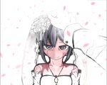  1girl bangs bare_shoulders black_hair blush breasts bridal_veil bride burn_scar cleavage dorei_to_no_seikatsu_~teaching_feeling~ dress flower gloves grey_eyes hair_between_eyes hair_ornament jewelry long_sleeves necklace petals petting pink_petals reinatriendl scar short_hair simple_background smile solo sylvie_(dorei_to_no_seikatsu) veil wedding wedding_dress white_background white_gloves 