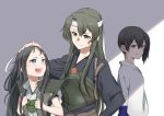  3girls :d black_hair blue_eyes brown_eyes brown_hair commentary_request green_eyes green_hair hair_between_eyes hair_ribbon headband japanese_clothes kaga_(kantai_collection) kantai_collection katsuragi_(kantai_collection) long_hair multiple_girls muneate open_mouth ribbon short_hair side_ponytail smile tachikoma_(mousou_teikoku) tasuki white_headband white_ribbon zuikaku_(kantai_collection) 