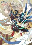 1boy animal blonde_hair bow_(weapon) clouds fire_emblem fire_emblem_if gloves holding holding_bow_(weapon) holding_weapon japanese_clothes modantoire ponytail riding takumi_(fire_emblem_if) weapon white_hair 