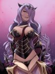  1girl arm_guards arms_at_sides between_breasts black_panties breasts camilla_(fire_emblem_if) capelet cleavage curly_hair faulds fire_emblem fire_emblem_if gloves gradient gradient_background hair_over_one_eye horns large_breasts lips long_hair looking_at_viewer mike_nesbitt panties parted_lips purple_gloves purple_hair revealing_clothes see-through signature solo standing sword tiara underwear very_long_hair violet_eyes weapon 