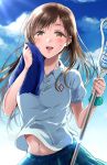  1girl breasts brown_eyes brown_hair gen_(enji) idolmaster idolmaster_cinderella_girls lacrosse_stick long_hair looking_at_viewer medium_breasts navel nitta_minami open_mouth smile solo sweat towel 