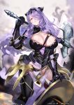  1girl ario armor armored_boots axe black_armor black_footwear black_panties boots breasts camilla_(fire_emblem_if) cleavage dragon fire_emblem fire_emblem_if groin hair_over_one_eye large_breasts lips long_hair looking_at_viewer panties purple_hair solo thighs tiara underwear very_long_hair violet_eyes wavy_hair wyvern 