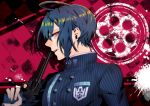  1boy ahoge dangan_ronpa gun hair_between_eyes handgun holding holding_weapon kogarashi_8 long_sleeves looking_at_viewer male_focus new_dangan_ronpa_v3 orange_eyes revolver saihara_shuuichi solo weapon 