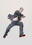  1boy 2018 artist_name black_jacket black_pants brown_footwear closed_mouth formal full_body green_eyes grey_background grey_hair hidden_blade highres holding holding_sword holding_weapon jacket jane_mere lips long_sleeves looking_at_viewer male_focus necktie original pants red_neckwear sheath shirt shoes simple_background solo suit sword unbuttoned unsheathing weapon white_shirt 