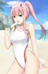  1girl beach commentary_request competition_swimsuit cowboy_shot darling_in_the_franxx food fuuma_nagi green_eyes hair_over_breasts hairband horns licking looking_at_viewer one-piece_swimsuit outdoors pink_hair ponytail popsicle solo straight_hair swimsuit tongue tongue_out white_hairband white_swimsuit zero_two_(darling_in_the_franxx) 
