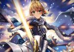  1girl armor armored_dress artoria_pendragon_(all) blonde_hair blue_cape blue_dress blue_ribbon blush cape crown dress excalibur eyebrows_visible_through_hair fate/stay_night fate_(series) floating_hair fur_trim gauntlets green_eyes hair_between_eyes hair_ribbon holding holding_sword holding_weapon looking_at_viewer moze ribbon saber short_hair solo standing sword weapon 