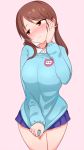  1girl bangs blue_skirt blue_sweater blush breasts brown_eyes brown_hair closed_mouth clothes_tug cowboy_shot eyebrows_visible_through_hair frown hand_on_own_cheek highres idolmaster idolmaster_cinderella_girls idolmaster_cinderella_girls_starlight_stage kemu_(guruguru_dan) large_breasts long_hair long_sleeves looking_away looking_to_the_side low_twintails mifune_miyu miniskirt name_tag nose_blush pink_background pleated_skirt simple_background skirt solo standing sweater sweater_tug thighs twintails wing_collar 