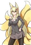  1girl alternate_costume animal_ears black_legwear blonde_hair boy_(pixiv17542438) breasts chinese_commentary cleavage closed_eyes commentary_request contemporary cowboy_shot eyebrows_visible_through_hair fox_ears fox_tail green_eyes hair_between_eyes hair_ornament hand_on_hip highres index_finger_raised large_breasts long_hair looking_at_viewer mon-musu_quest! multiple_tails older open_mouth pantyhose side_slit simple_background skirt solo tail tamamo_(mon-musu_quest!) very_long_hair white_background 