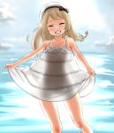  1girl alternate_costume blonde_hair blush closed_eyes clouds cloudy_sky dress hat highres jervis_(kantai_collection) kantai_collection long_hair ocean open_mouth sailor_hat short_dress sky smile solo sunlight tama_(seiga46239239) thighs white_dress 